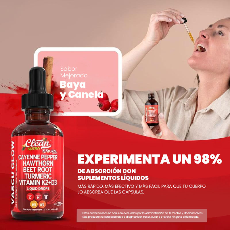 Clean Nutra Vascu Glow – Suplemento líquido natural con cúrcuma y vitaminas K2 D3